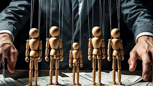 Businessman Controlling Wooden Puppet Figures with Strings Over a Desk with Money in a Concept of Manipulation

