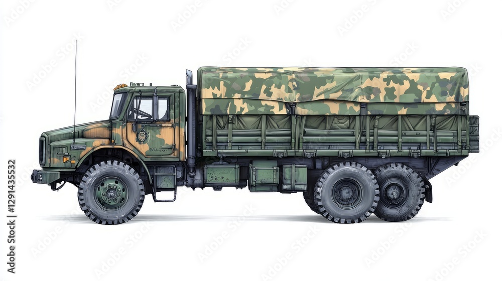 Obraz premium Pixel Art Military Cargo Truck Side View Green and Tan Camouflage