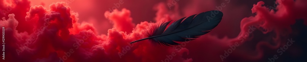  Black feather drifts in swirling crimson smoke , texture, dreamlike
