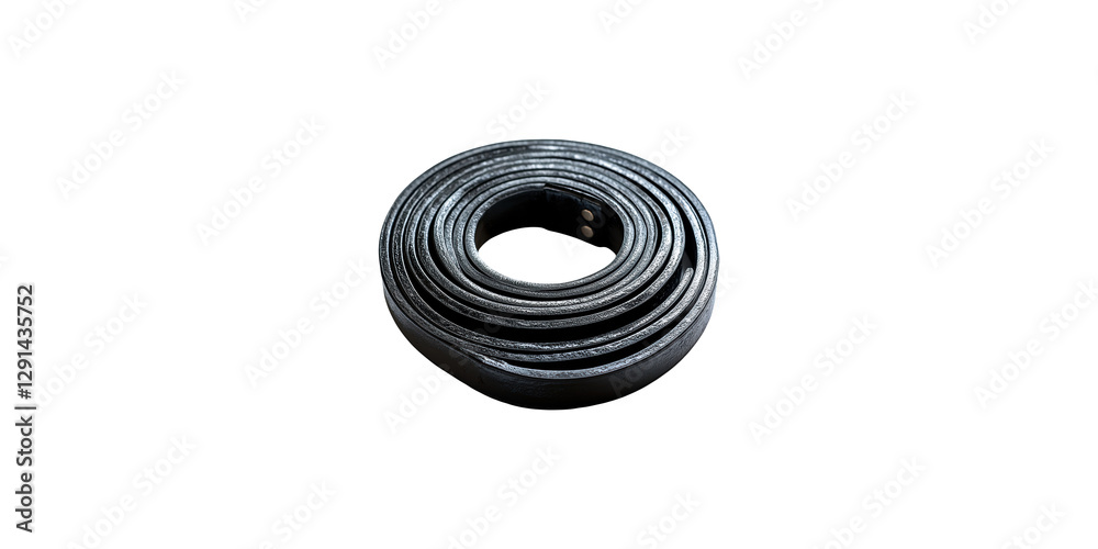 Rolled black leather belt isolated on transparent background