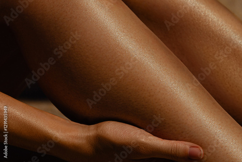 Close-up of female hands massaging smooth legs. Skin care, sun protection photo