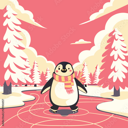 A cheerful penguin ice-skates on a frozen lake, wearing a colorful scarf in a winter wonderland.