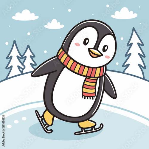 A cheerful penguin ice-skates on a frozen lake, wearing a colorful scarf in a winter wonderland.