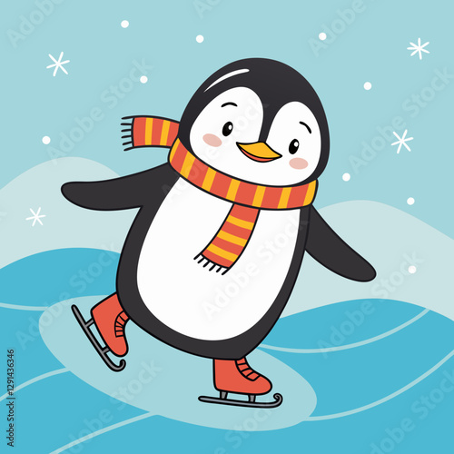 A cheerful penguin ice-skates on a frozen lake, wearing a colorful scarf in a winter wonderland.