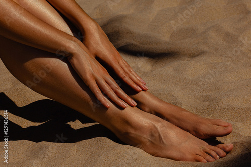 Tanned female legs and sand highlighting sun-kissed skin. Skin care, sun protection