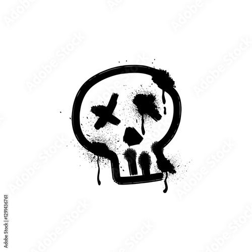 Black spray paint human skull vector illustration, graffiti spraying stripes dead head with ink splatters and dripping