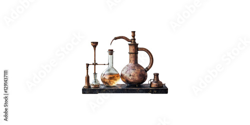 Antique chemistry apparatus with glassware and copper distiller isolated on transparent background