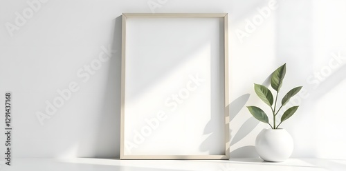  Blank white wooden frame on white wall Minimalist interior detail , design, frame mockup, minimalist