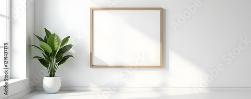 Blank white wooden frame on white wall Minimalist interior design , empty mockup, wooden frame