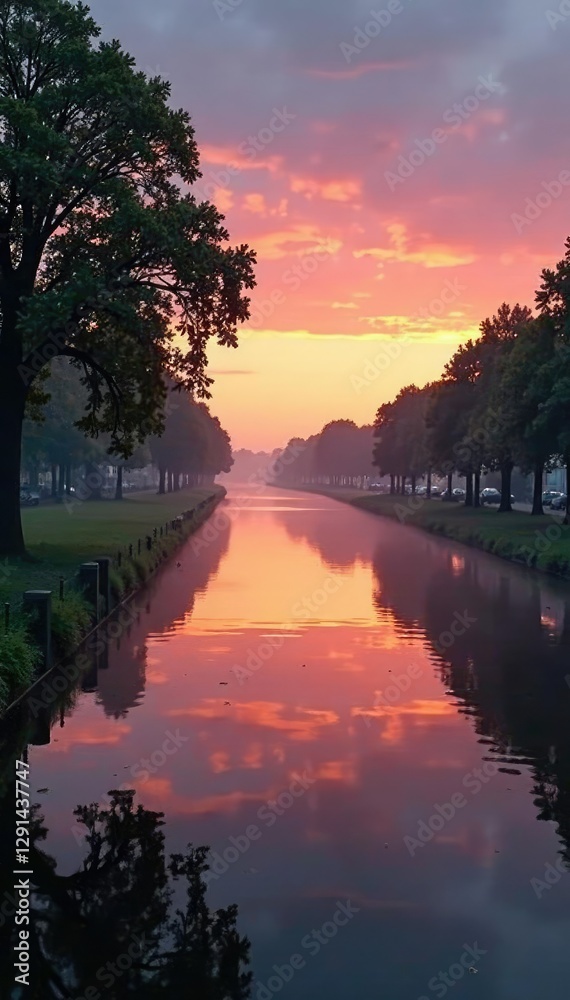 Obraz premium Misty canal waters reflected in calm surface of Ring canal at dawn, canals, polder