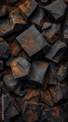A pile of dark chocolate chunks, their deep brown hues and slightly rough texture enhancing their richness, creates a luxurious visual. 