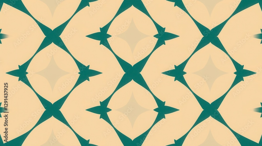 Fototapeta premium Teal stars and geometric shapes in a seamless cream background pattern creating visual harmony.