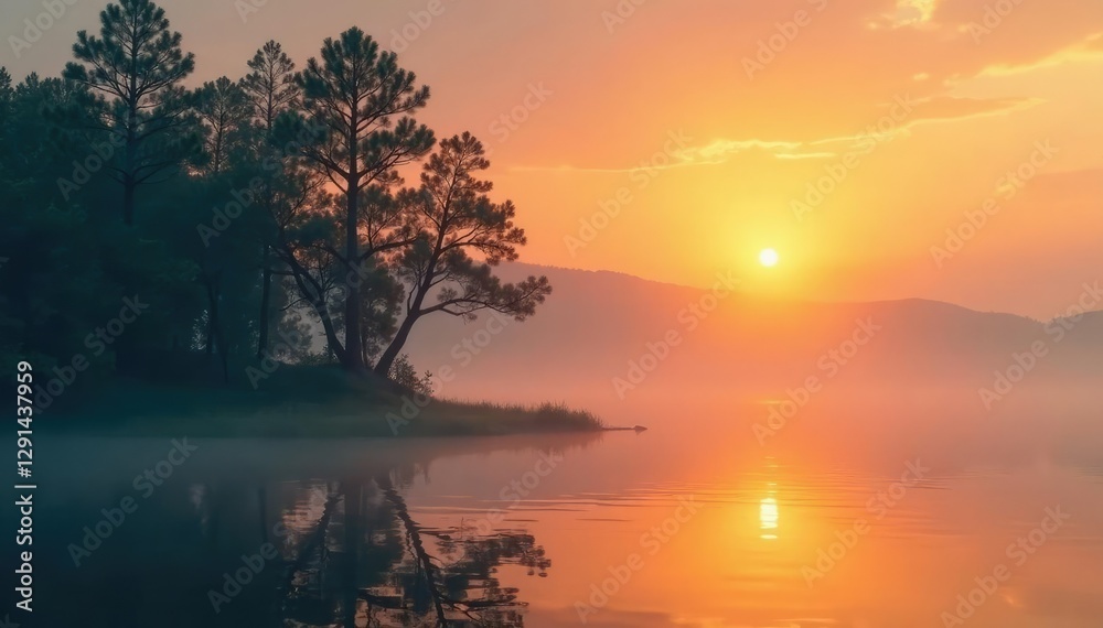Obraz premium Misty cypress trees rise from murky waters at sunset, golden hour, sun