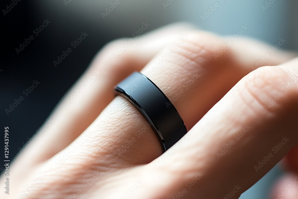 A close-up of a sleek, black smart ring on a person's hand, showcasing its modern design and tech features. The blurred background highlights the ring's sophisticated look. A close-up of a sleek, black smart ring on a person's hand, showcasing its modern design and tech features. The blurred background highlights the ring's sophisticated look.