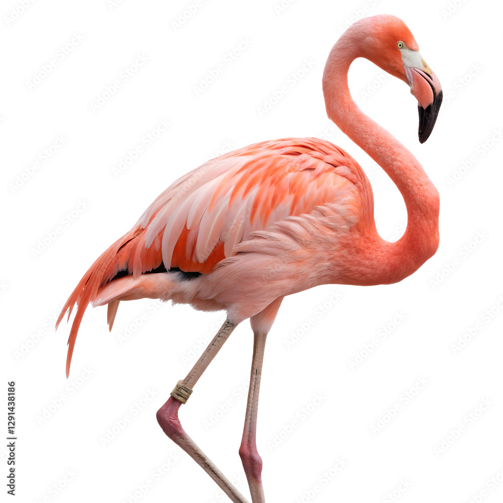 Fototapeta premium Portrait of a pink flamingo standing Isolated Trasnparent Background, Png Isolated, Trasnparent Background