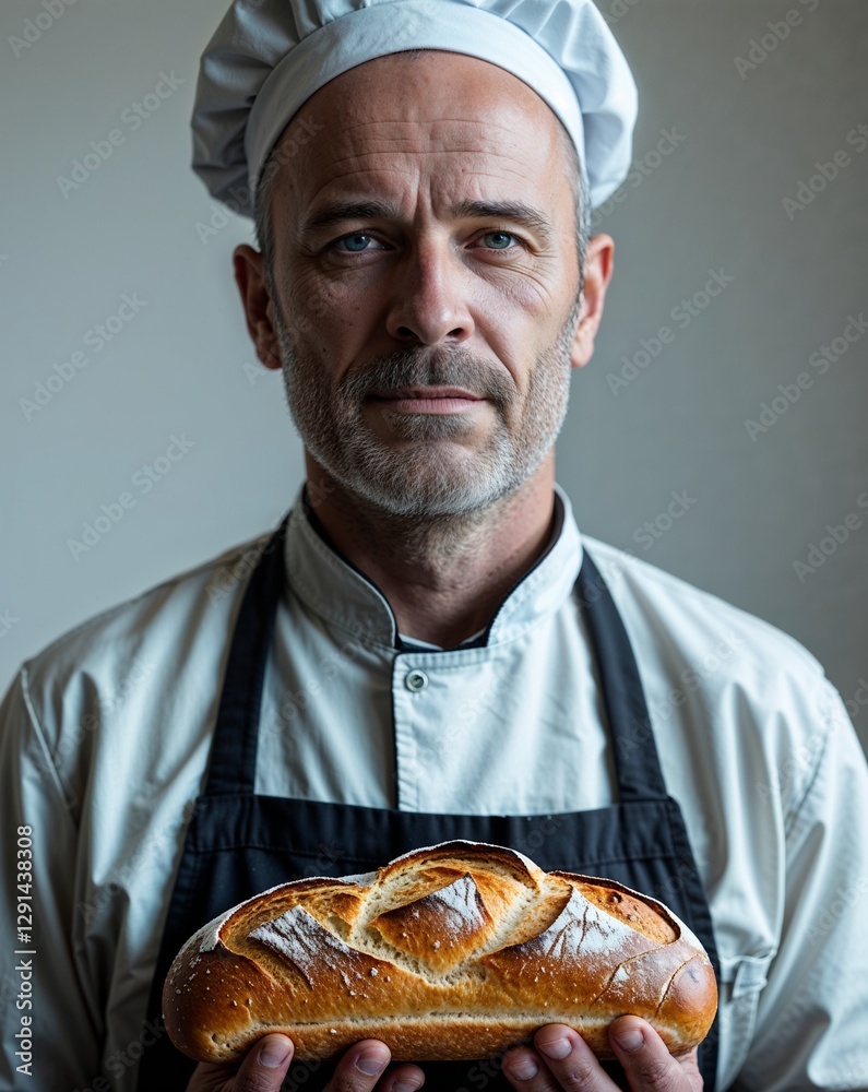 A middle aged male baker in uniform with a loaf of bread close up portrait on plain background A middle aged male baker in uniform with a loaf of bread close up portrait on plain background