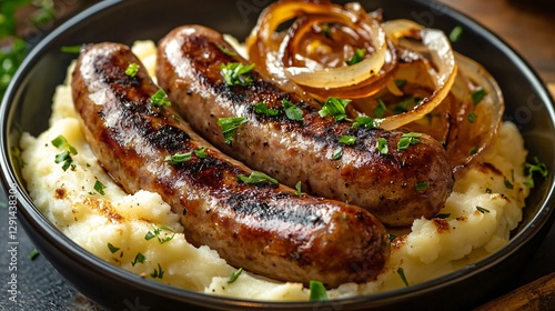 Grilled Pork Sausages Served on Mashed Potatoes with Sautéed Onions