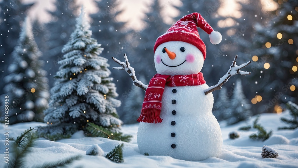 Fototapeta premium Cheerful snowman wearing a red and white knitted hat and scarf, standing amidst a snowy forest with evergreen trees and soft snowfall