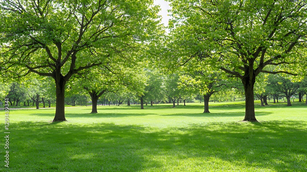 Sunlit Green Trees and Grassy Meadow in a Park Sunlit Green Trees and Grassy Meadow in a Park