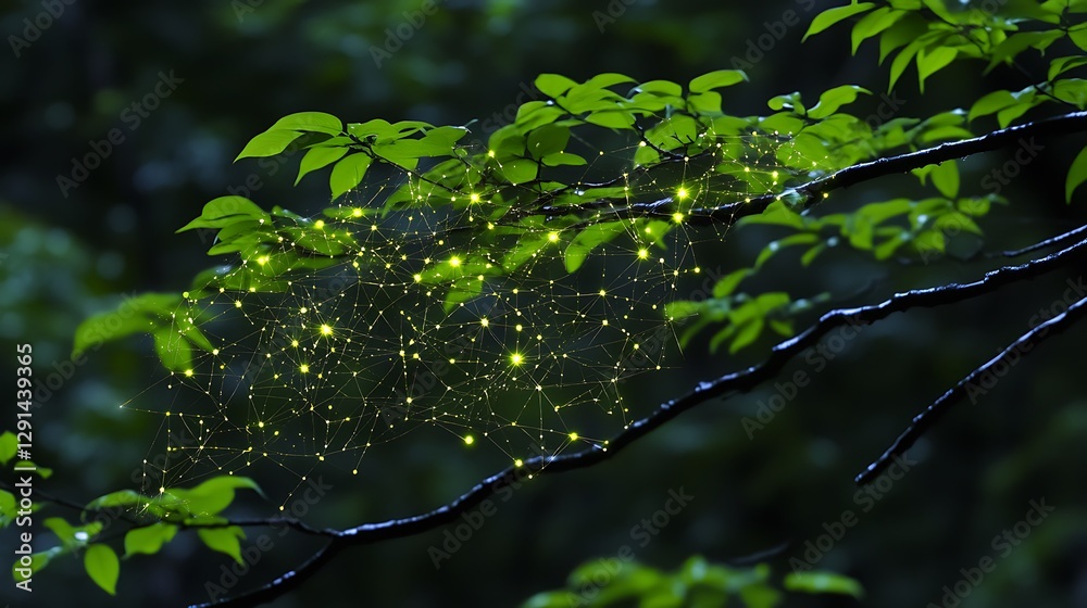Fototapeta premium A tree branch with digital lights and green leaves in focus