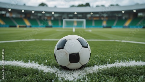 A close-up of a black and white soccer ball resting on the grass at a stadium, with blurred goalposts in the background photo