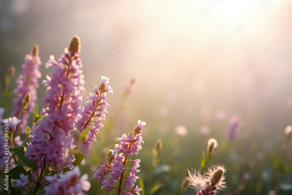 Obraz premium Delicate spring background with wildflowers in fog with sunbeams.
