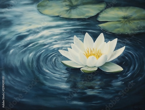 White Lily Floating on Calm Water with Gentle Ripples for a Peaceful Atmosphere