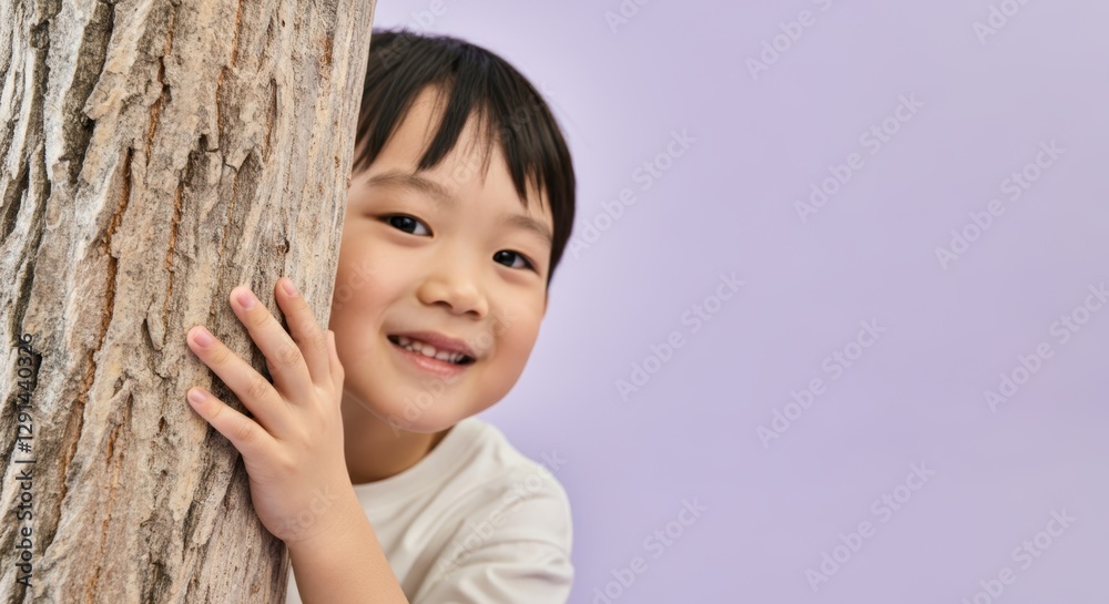 Asian child smiling while playing peekaboo behind tree Asian child smiling while playing peekaboo behind tree