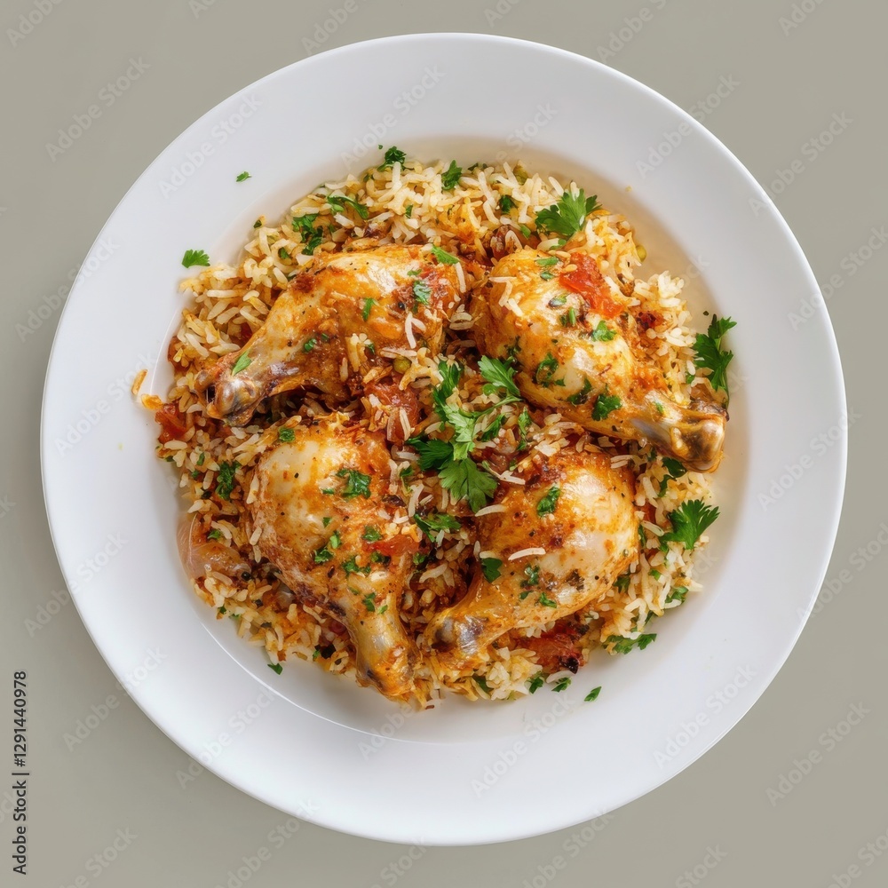 Top view of chicken biryani in white plate