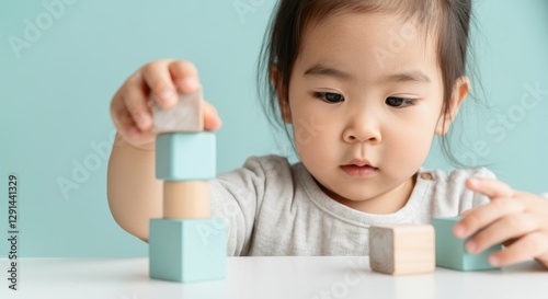 Asian female child building blocks focused play