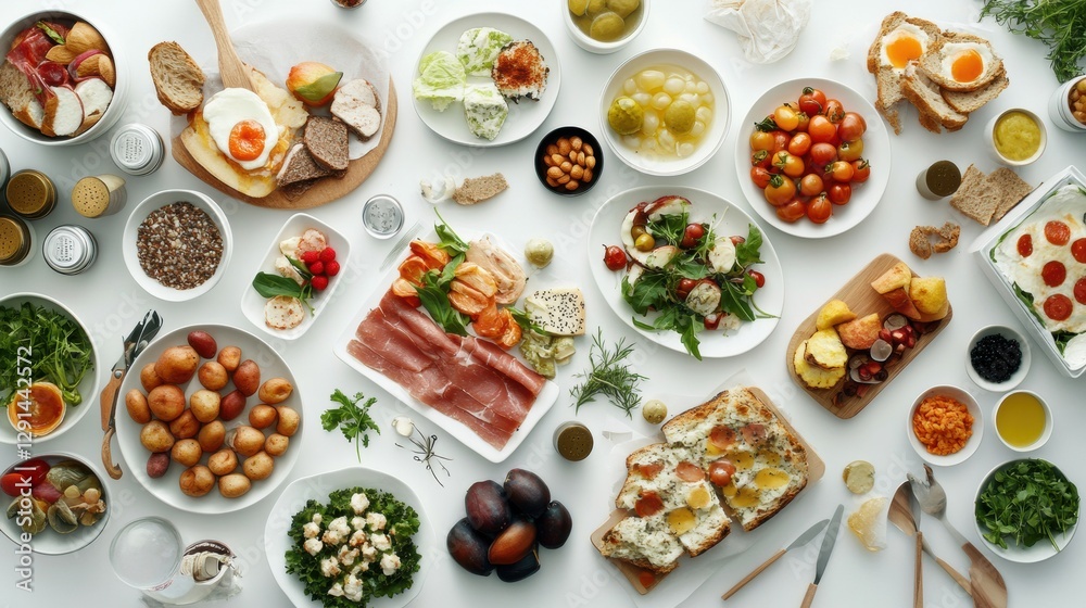Flat lay of various healthy foods on a white table. Flat lay of various healthy foods on a white table.