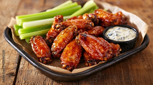 Delicious Grilled Chicken Wings Served on a Tray with Celery Sticks