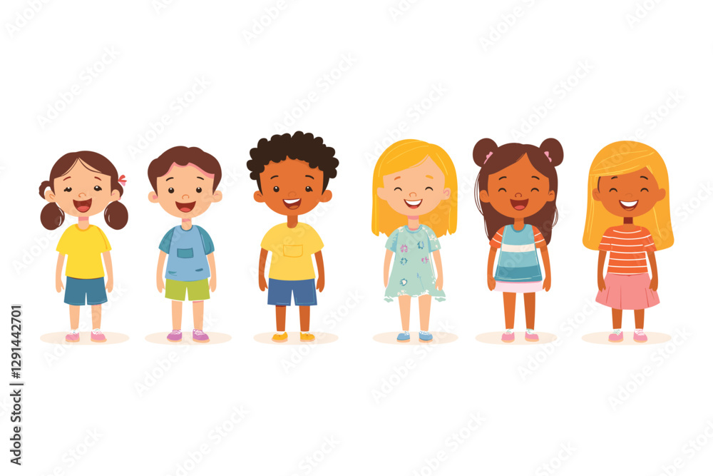 Set of Happy multiethnic preschool girls and boy standing in different expression, Cute Children Characters Set of Happy multiethnic preschool girls and boy standing in different expression, Cute Children Characters