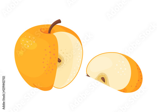 Yellow ripe apple Chopped apple and apple wedge, fresh garden fruit. Hand drawn food clipart apple fruit, Flat style isolated on transparent background. Golden Delicious Vector illustration