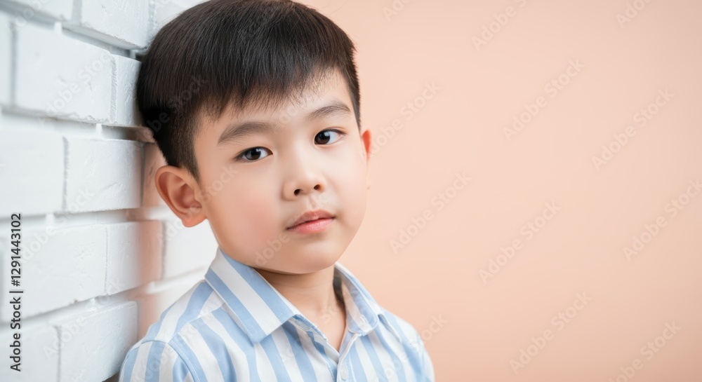 Young asian male child posing against white brick wall with serious expression Young asian male child posing against white brick wall with serious expression