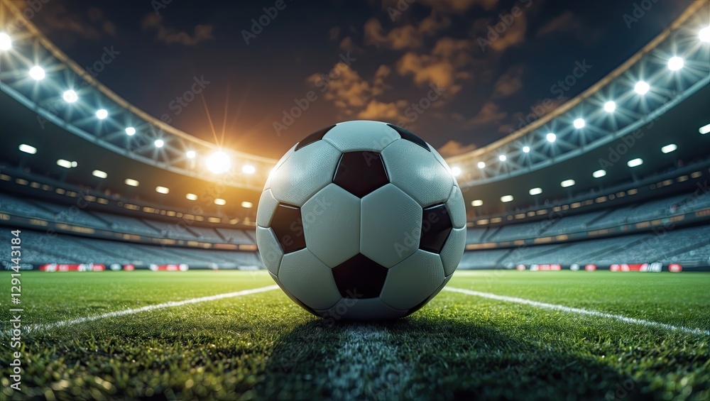 Obraz premium A close-up view of a soccer ball on a well-maintained field with stadium lights illuminating the background during sunset