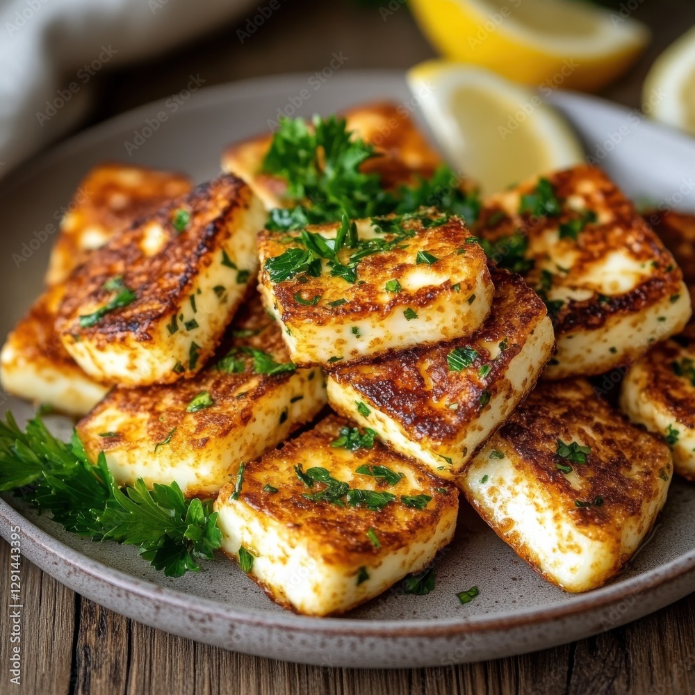 Halloumi slices with parsley and lemon in Airfryer Halloumi slices with parsley and lemon in Airfryer