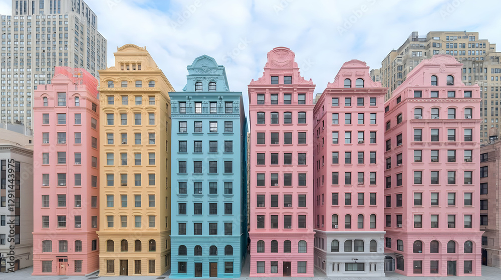 Naklejka premium Colorful city buildings, urban landscape, architectural detail, pastel hues, downtown