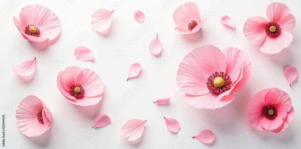 Soft pink petals of poppies scattered on a white background, blossoms, soft colors, poppies Soft pink petals of poppies scattered on a white background, blossoms, soft colors, poppies