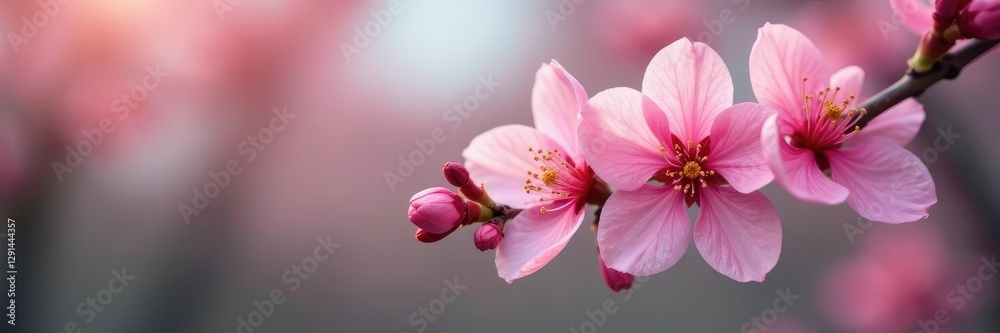 Obraz premium Soft pink petals unfolding from a delicate branch, pink blooms, tree in bloom, blossoms