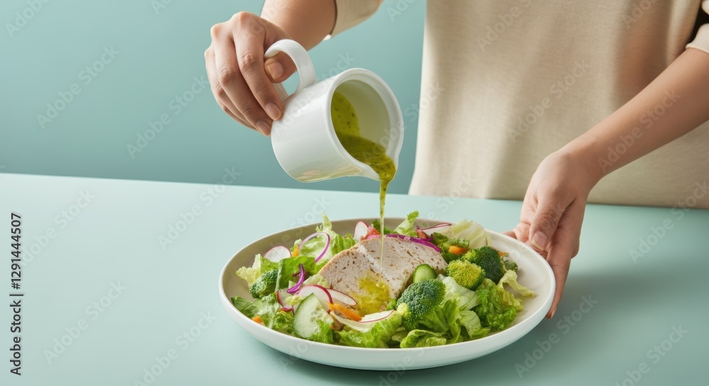 Asian female preparing fresh salad with dressing Asian female preparing fresh salad with dressing
