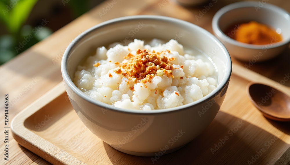 Warm rice porridge with sweeteners on wooden countertop, Imsak nourishment Warm rice porridge with sweeteners on wooden countertop, Imsak nourishment