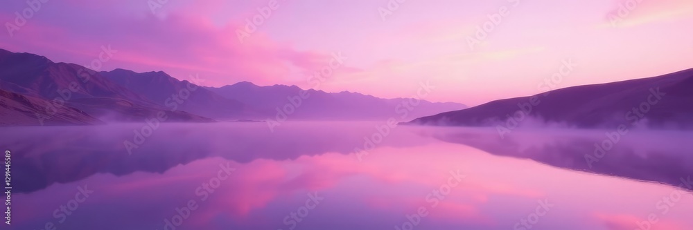 Soft purple mist rises from a desert lake at dawn, ethereal, calming Soft purple mist rises from a desert lake at dawn, ethereal, calming