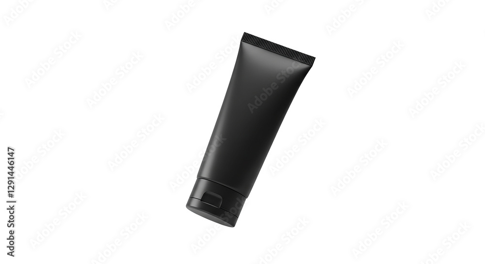 A high-quality, realistic mockup of a floating black cosmetic tube with a matching black cap, no text or labels, smooth matte finish, suspended in mid-air, soft shadows, professional studio lighting A high-quality, realistic mockup of a floating black cosmetic tube with a matching black cap, no text or labels, smooth matte finish, suspended in mid-air, soft shadows, professional studio lighting