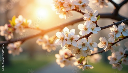 Soft sunlight dances through the tree's blossoms, branches, tree