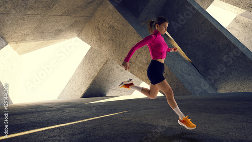 Composite collage of young female athlete sprinting with determination in futuristic urban architecture. Concept of sport, endurance, competition, dynamic movement, modern cityscape.