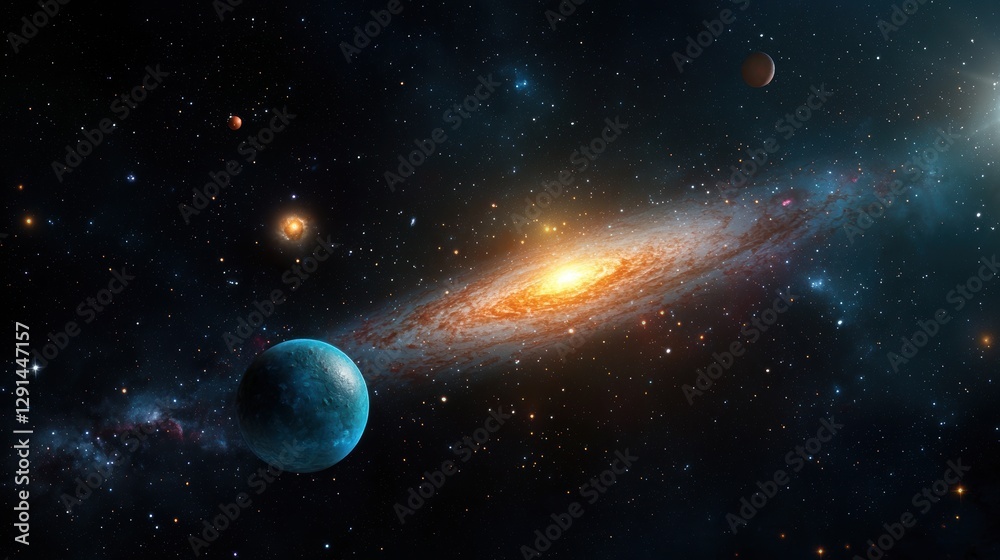 Fototapeta premium Astronomy celestial gradient planets. A stunning view of a galaxy with a planet in the foreground, surrounded by stars and cosmic elements.