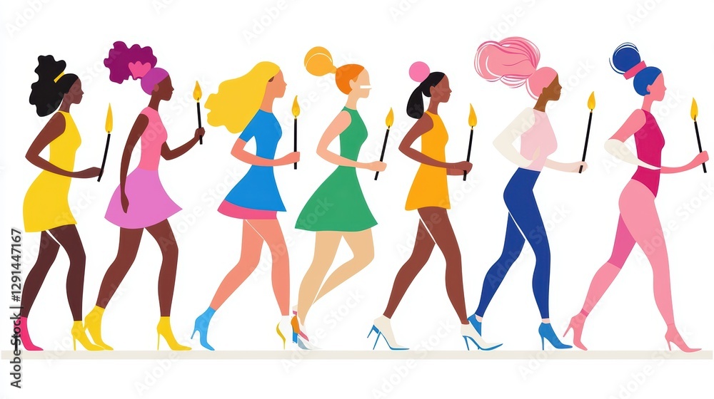 A group of diverse women in colorful dresses and high heels, holding flaming torches and marching in unison. A group of diverse women in colorful dresses and high heels, holding flaming torches and marching in unison.