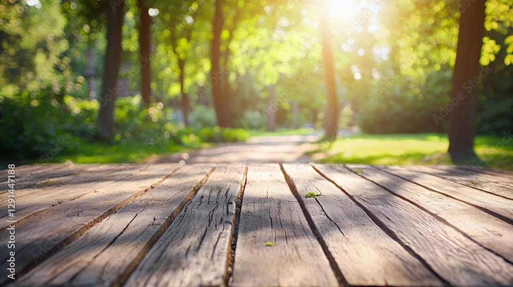 Sunlit Park Pathway: Wooden Planks and Lush Greenery