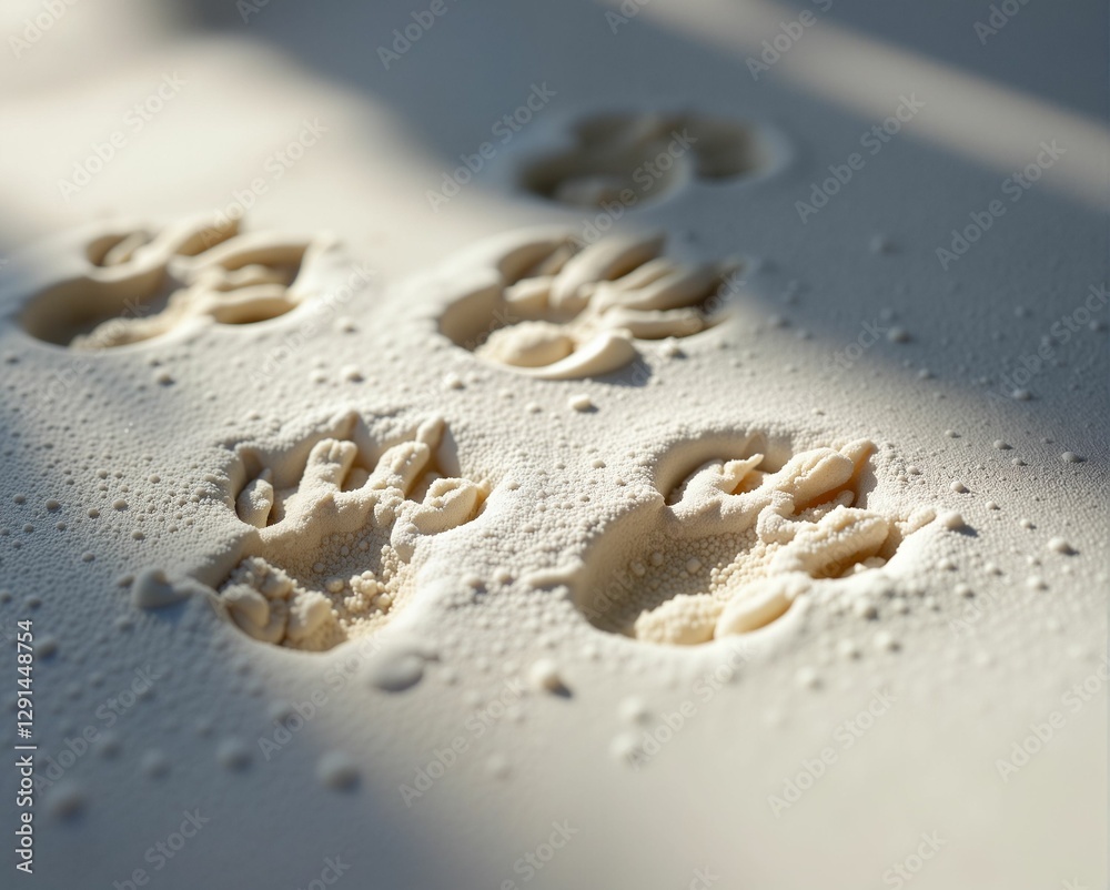 The image features distinct paw prints imprinted in a sandy surface, illuminated by soft light, showcasing a serene and natural setting. The image features distinct paw prints imprinted in a sandy surface, illuminated by soft light, showcasing a serene and natural setting.